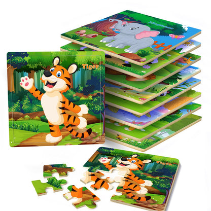 Montessori Wooden Puzzle Set for Kids Ages 3–5 – 9 Colorful Educational Toddler Puzzles with 16 Pieces Each for Boys & Girls