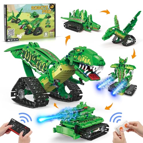 AKWME RC Robot Building Set - 5 in1 T. rex Toy with APP or Remote Control DIY Engineering Robotics/Mech Dinosaur/Dragon Warrior/Pterosaur/Stegosaurus STEM Birthday Gifts for Kids 6-12 Years Old