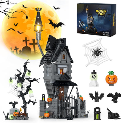 Tweandar Halloween Haunted Mansion Building SetBefore Xmas Haunted House Building Blocks Set with Light Glow-in-The-Dark Pumpkins and Skeleton Ghosts Halloween Toys Gifts for Adults & Kids