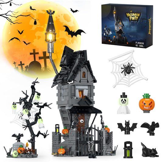 Tweandar Halloween Haunted Mansion Building SetBefore Xmas Haunted House Building Blocks Set with Light Glow-in-The-Dark Pumpkins and Skeleton Ghosts Halloween Toys Gifts for Adults & Kids