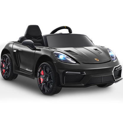 First Ride On Licensed Porsche 718 12V Electric Car for Kids Ride on Toys for Toddler Child Ride on Car w/Parent Remote Led Lights Openable Doors MP3 Player Smooth Start 3 Speeds (Black)