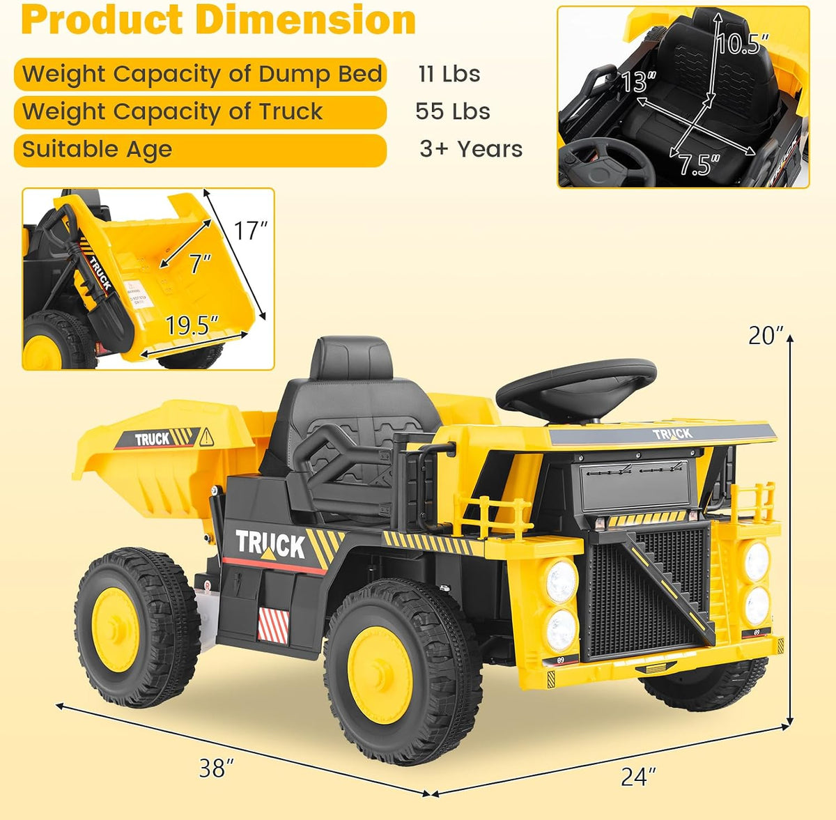 ELEMARA Kids' Electric Dump Truck with Shovel and Remote - 12V