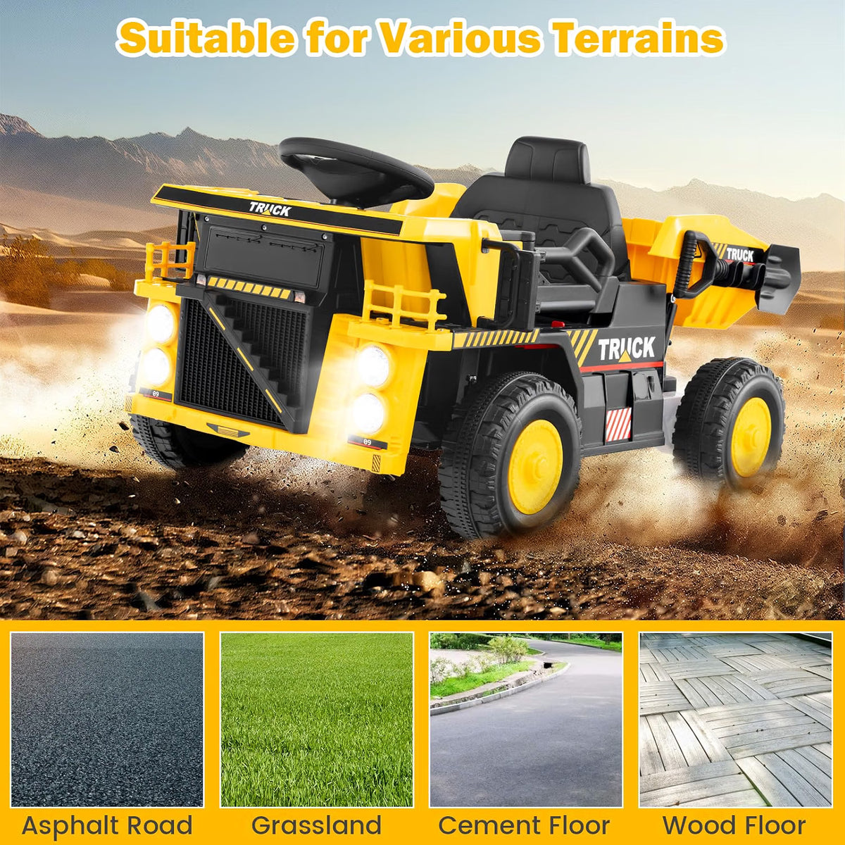 ELEMARA Kids' Electric Dump Truck with Shovel and Remote - 12V