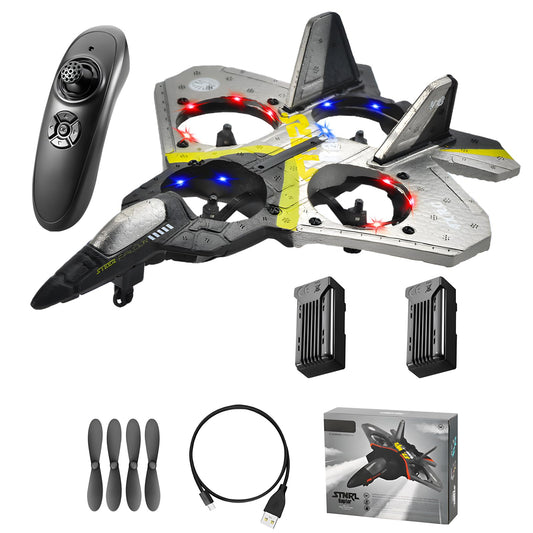 V17 RC Plane for Kids – 2.4GHz Remote Control Fighter Jet Airplane with LED Lights, 360° Stunts & 2 Batteries
