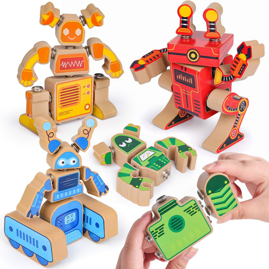 Coogam Fine Motor Building Robot Blocks for 3 4 5 Years Old Kids Wooden Snap Together Robot Builders STEM Take Apart Robot Playset Educational Learning Toy Gift for Boys Girls